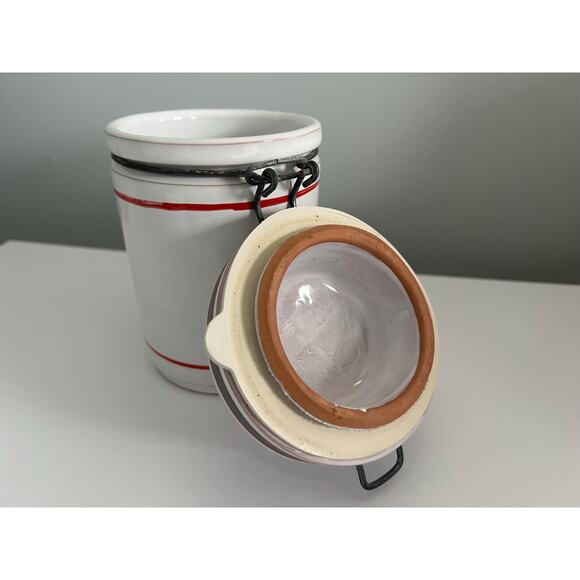 VTG Ceramic Canister Red Stripe Farmhouse Kitchen Pantry Organizer Container - Picture 2 of 10